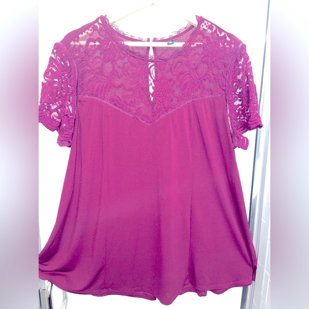 Torrid Size 2 Blouse. High neckline lace front. Lace sleeves. Button back.